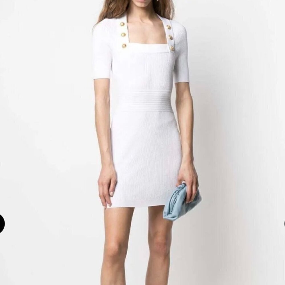 Balmain White Button Embellished Square Neck Rib Knit Mini Bodycon Dress 38 / 6